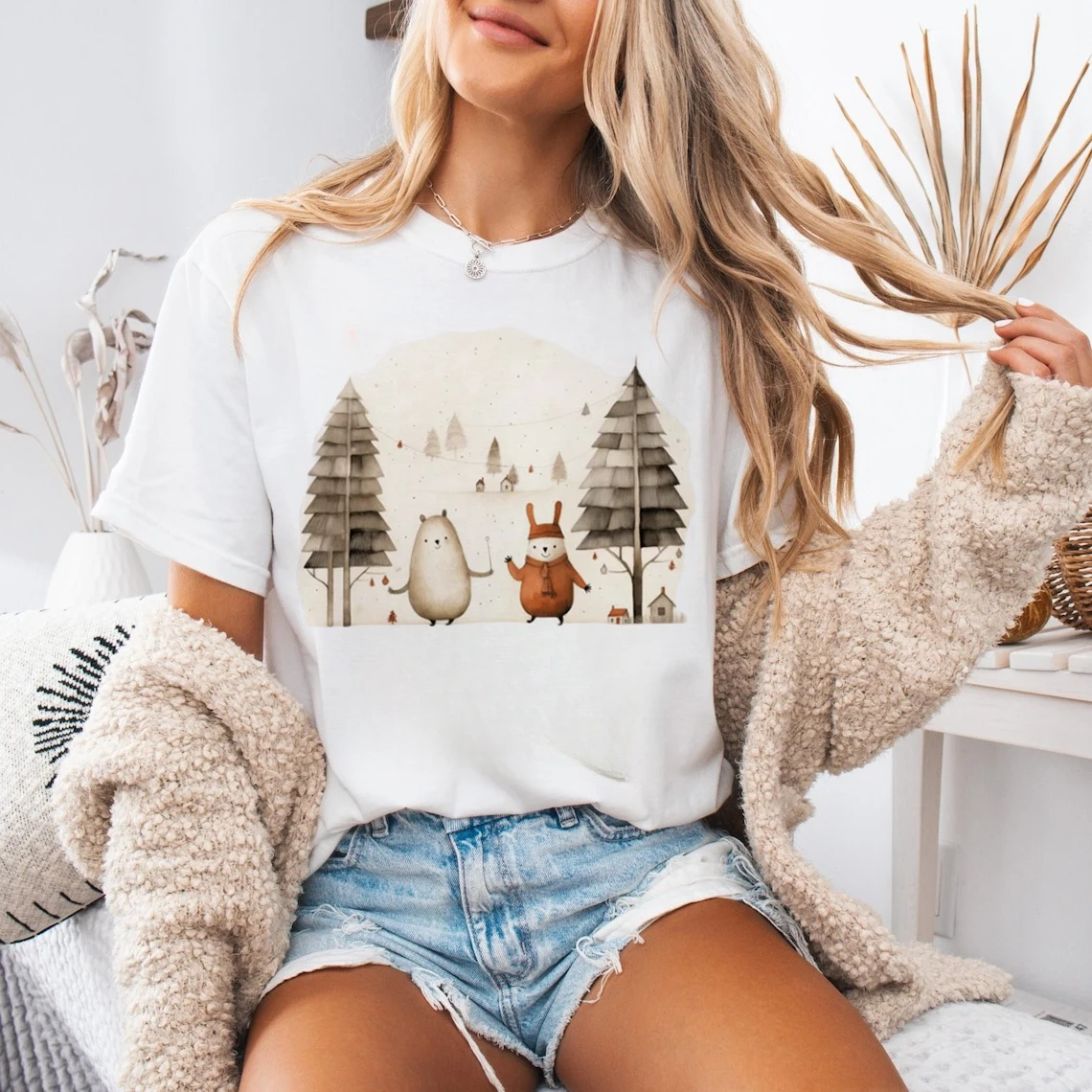 Charming Winter Woodland Scene Printed Women's O-Neck T-Shirt Graphic Tee Casual Top Trendy Holiday Season Cute Gift T-Shirt