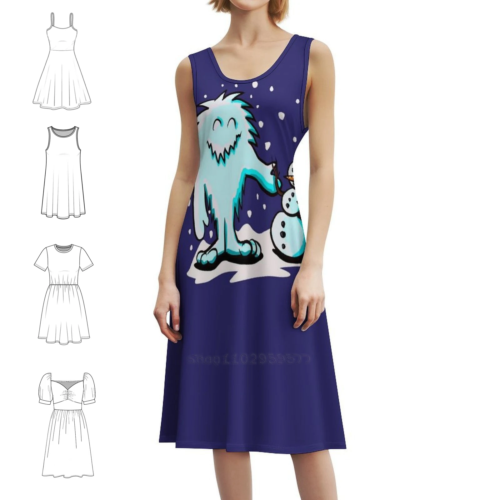 ชุดเดรสสตรีแนวฮิปฮอปสตรีทแวร์ลายกราฟิกพิมพ์ลายตุ๊กตาหิมะสุดเท่ห์  สำหรับงานปาร์ตี้ คลับ  ลายหิมะ ตุ๊กตาหิมะ  บิ๊กฟุตสุดสนุก