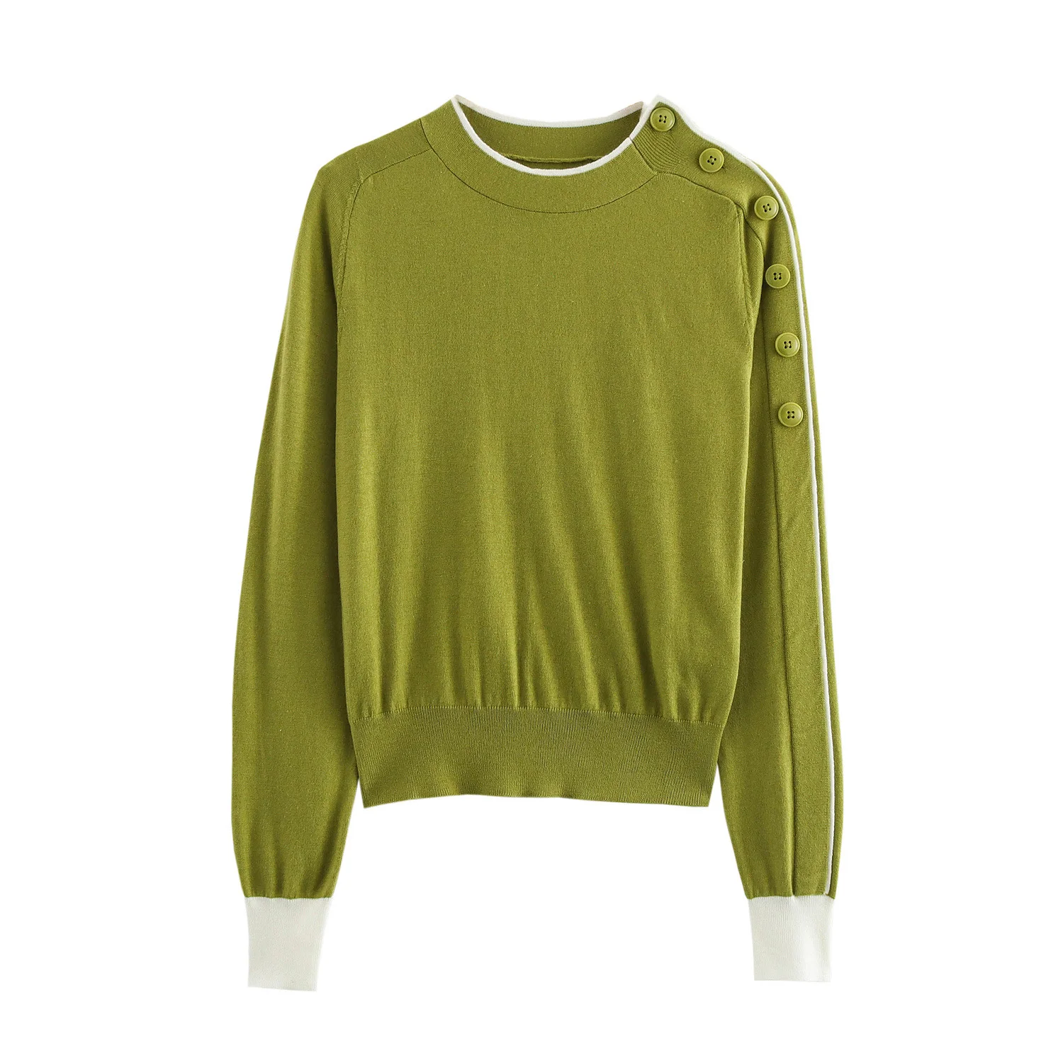 

2025 Spring New Product Women's Clothing Design Sense Shoulder Buckle Decoration Round Neck Long Sleeve Spliced Knitted Sweater