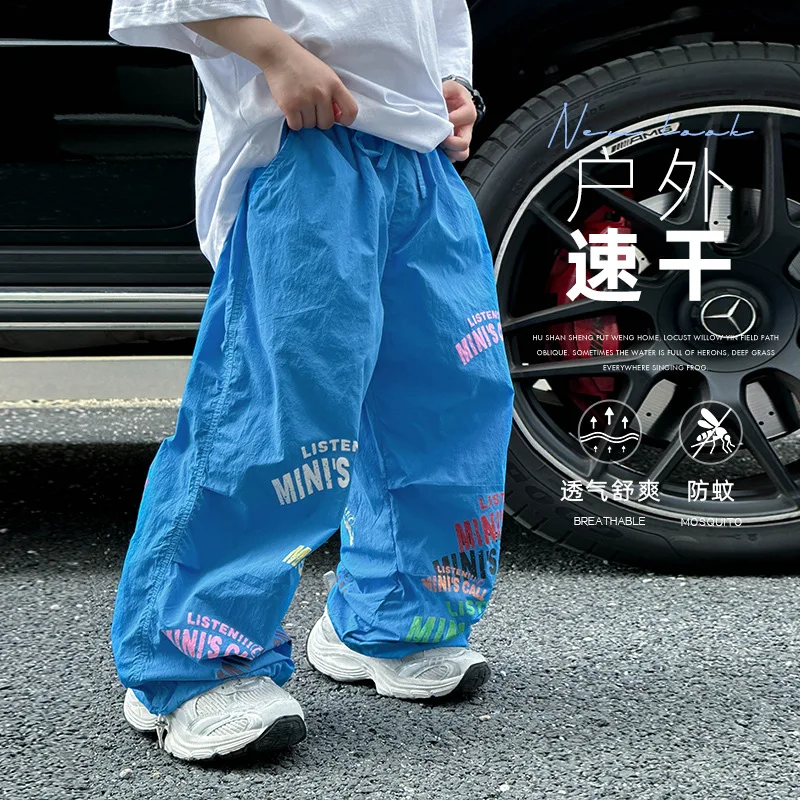 

Детские синие повседневные брюки 2026 года, летние, новые, для мальчиков, в корейском стиле, модные, тонкие, ледяные, универсальные летние штаны