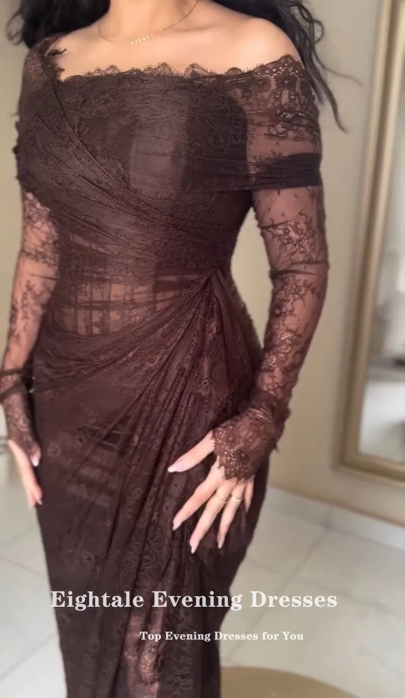 فستان سهرة من الدانتيل Eightale بدون حمالات مخصص حورية البحر بني بأكمام طويلة عربي للحفلات الراقصة وحفلات الزفاف رداء السهرة