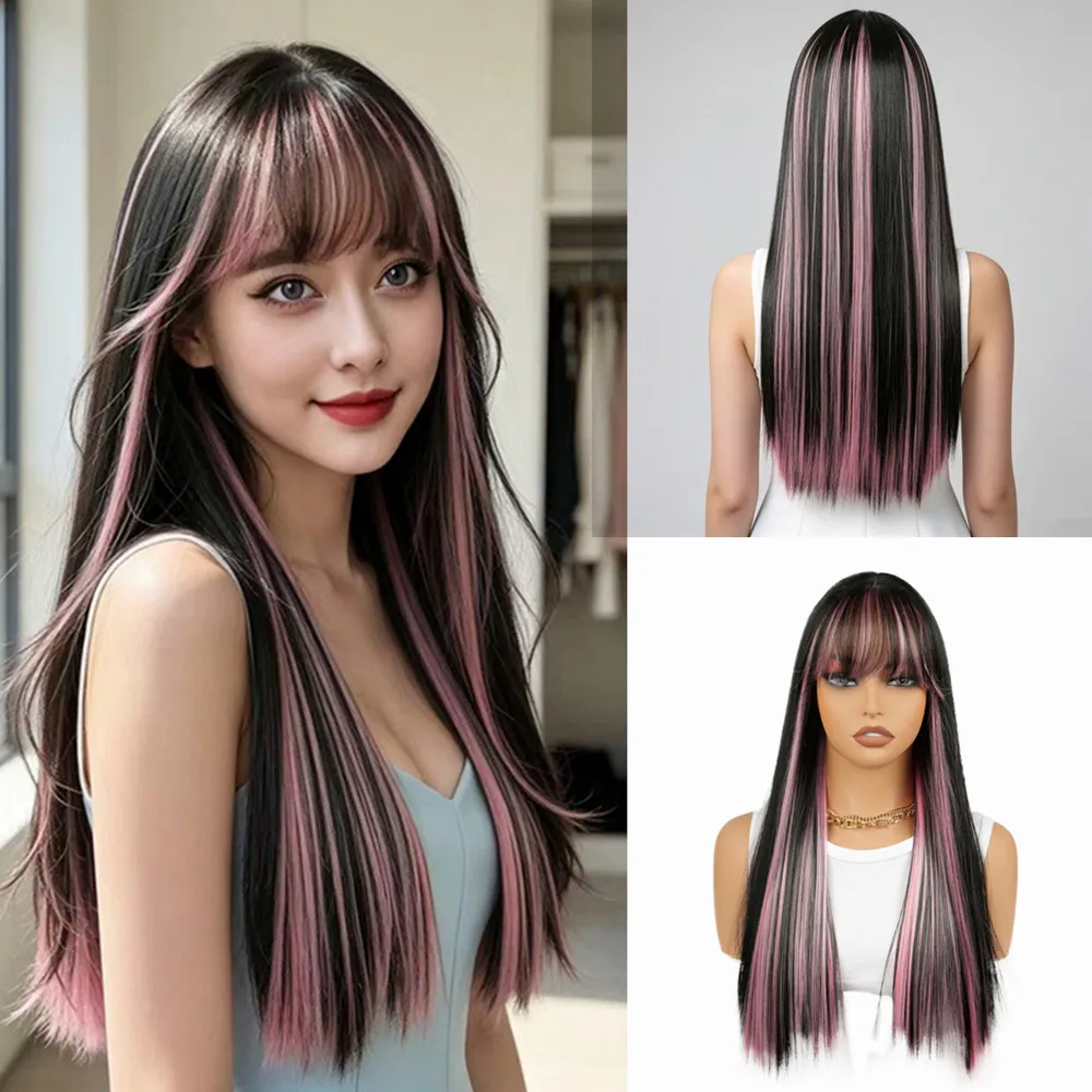 24 Inch Long Straight Synthetic Wig with Bangs Black Pink Highlights High Temperature Fiber Women's Daily Party Cosplay Wig