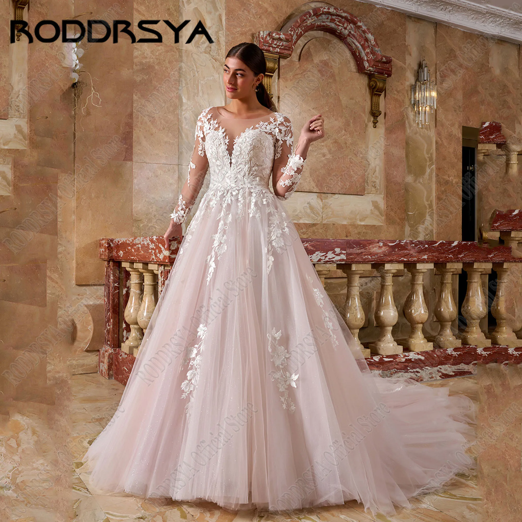 

RODDRSYA Wedding Dress Long Sleeves Appliques Bridal Vestido De Noiva O-Neck A-Line Bride Gowns Button Back Plus Size Customized