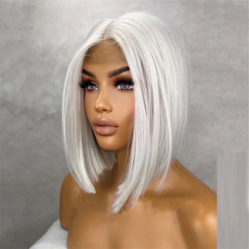 

Platinum Short Bob Lace Front Wigs for Women Silver Blonde Synthetic Hair Wig with Natural Hairline Realistic Soft Gray Lace Wig