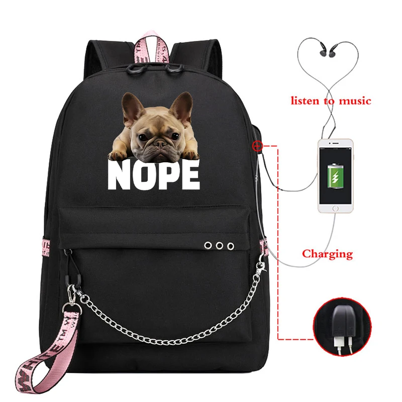 Girls Kawaii Backpack French Bulldog Nope Campus Junior High School Students Backpacks Travel Rucksack Usb Girls Bagpack Mochila