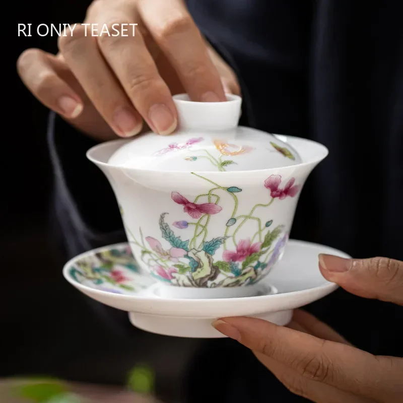 

160ml Chinese Hand-painted Flowers Pattern Ceramic Gaiwan Household Handmade Porcelain Tea Bowl Teacup Travel Portable Tea Set