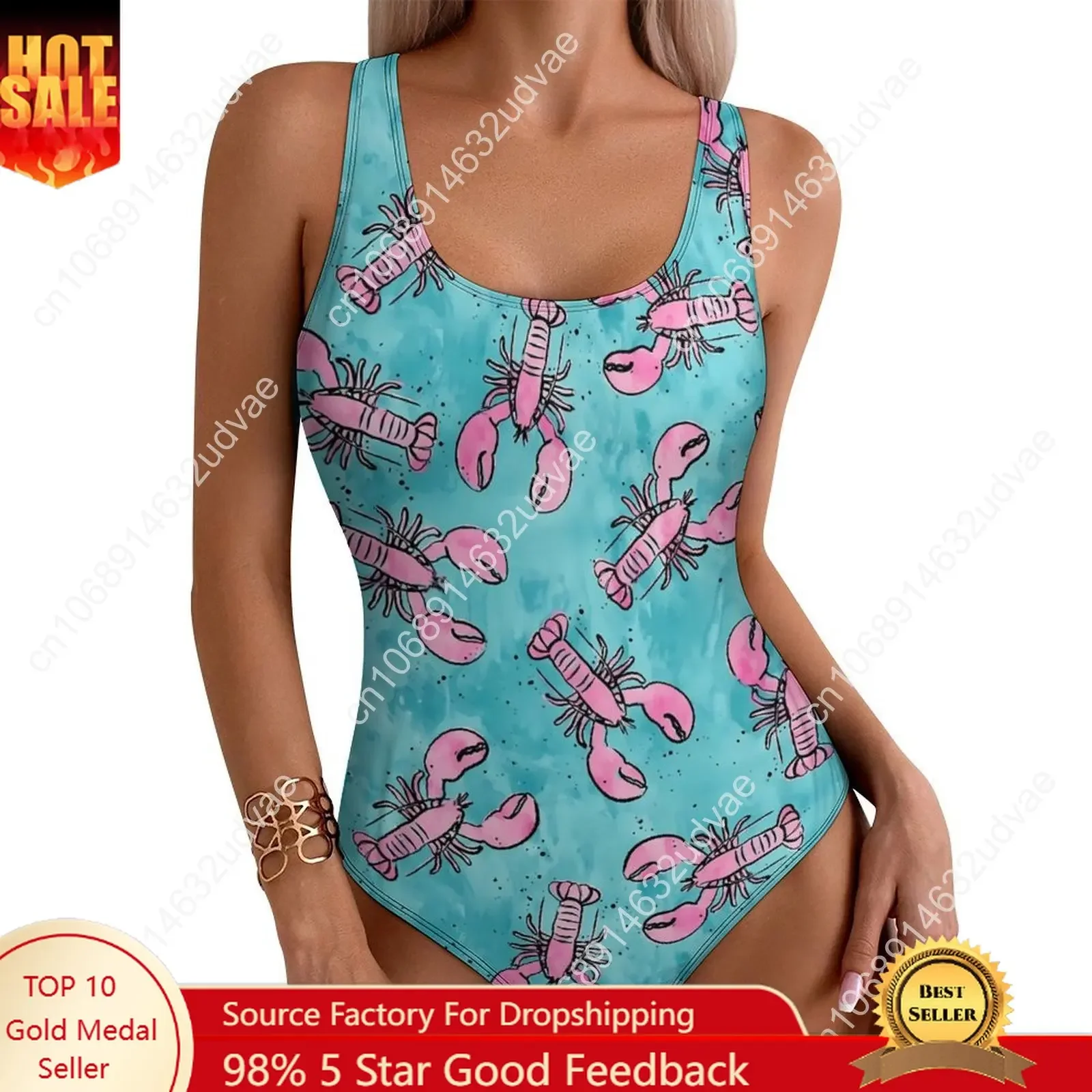 

Lobsters Print Swimsuit Pink And Blue One Piece Swimwear Push Up Simple Monokini Sexy Holiday Swim Printed Beach Outfits