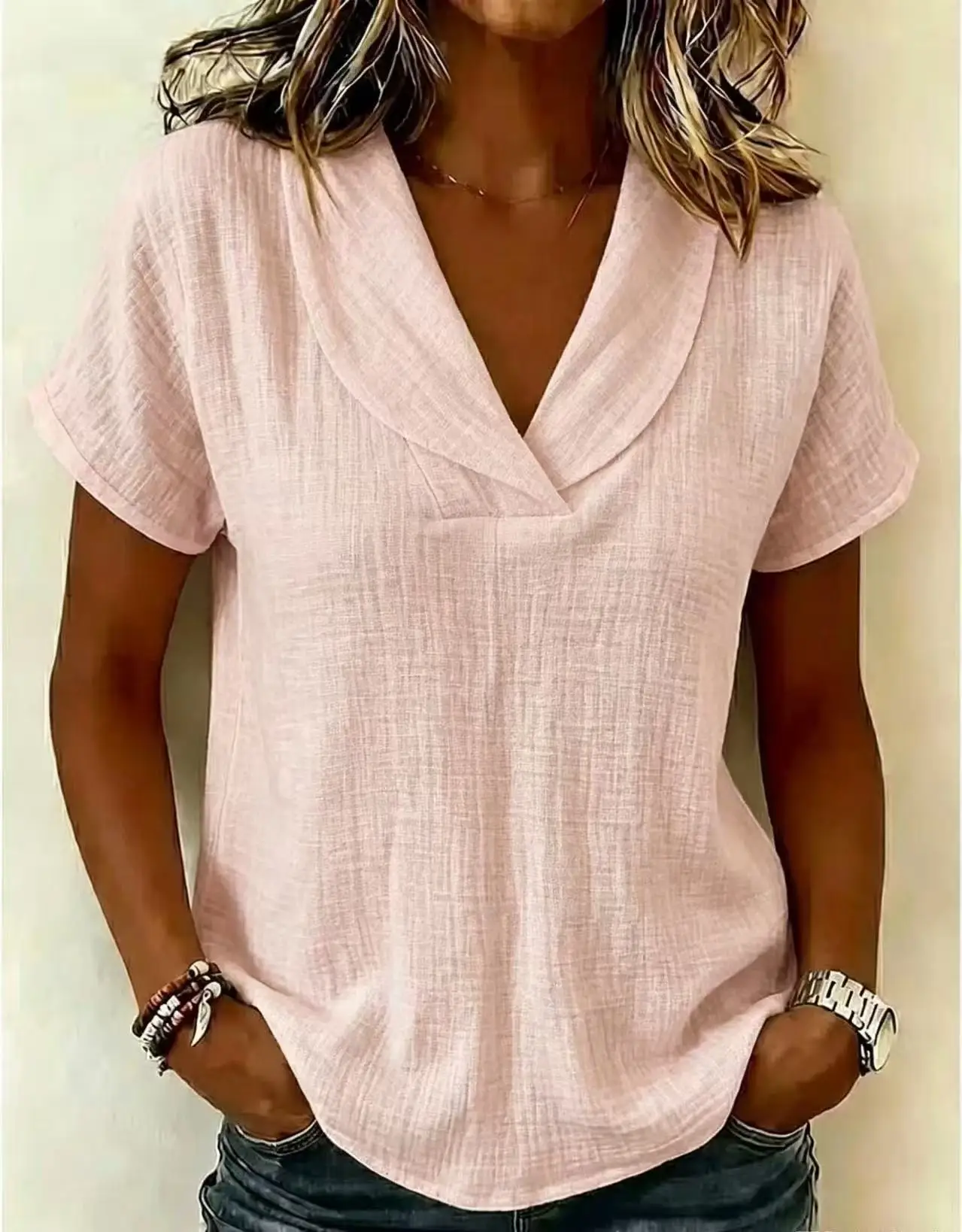 2026 New Summer Women’s Solid Color Knit Short-Sleeve Top, Bow Collar Casual Ladies T-Shirt for European & American Markets