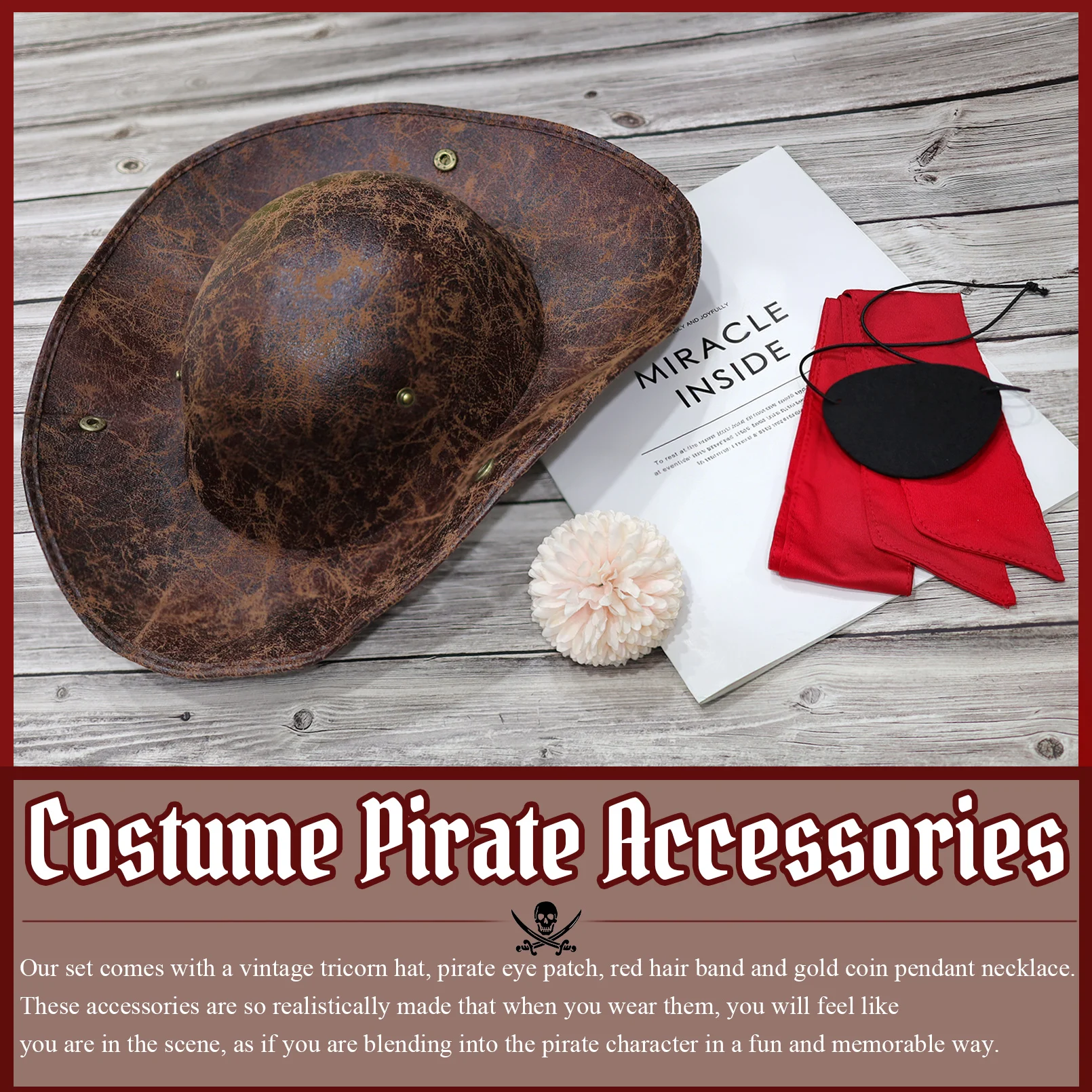 Renaissance Pirate Hat for Adult Brown Faux Leather Tricorn Hat for Men Women Halloween Cosplay Pirate Costume Accessories