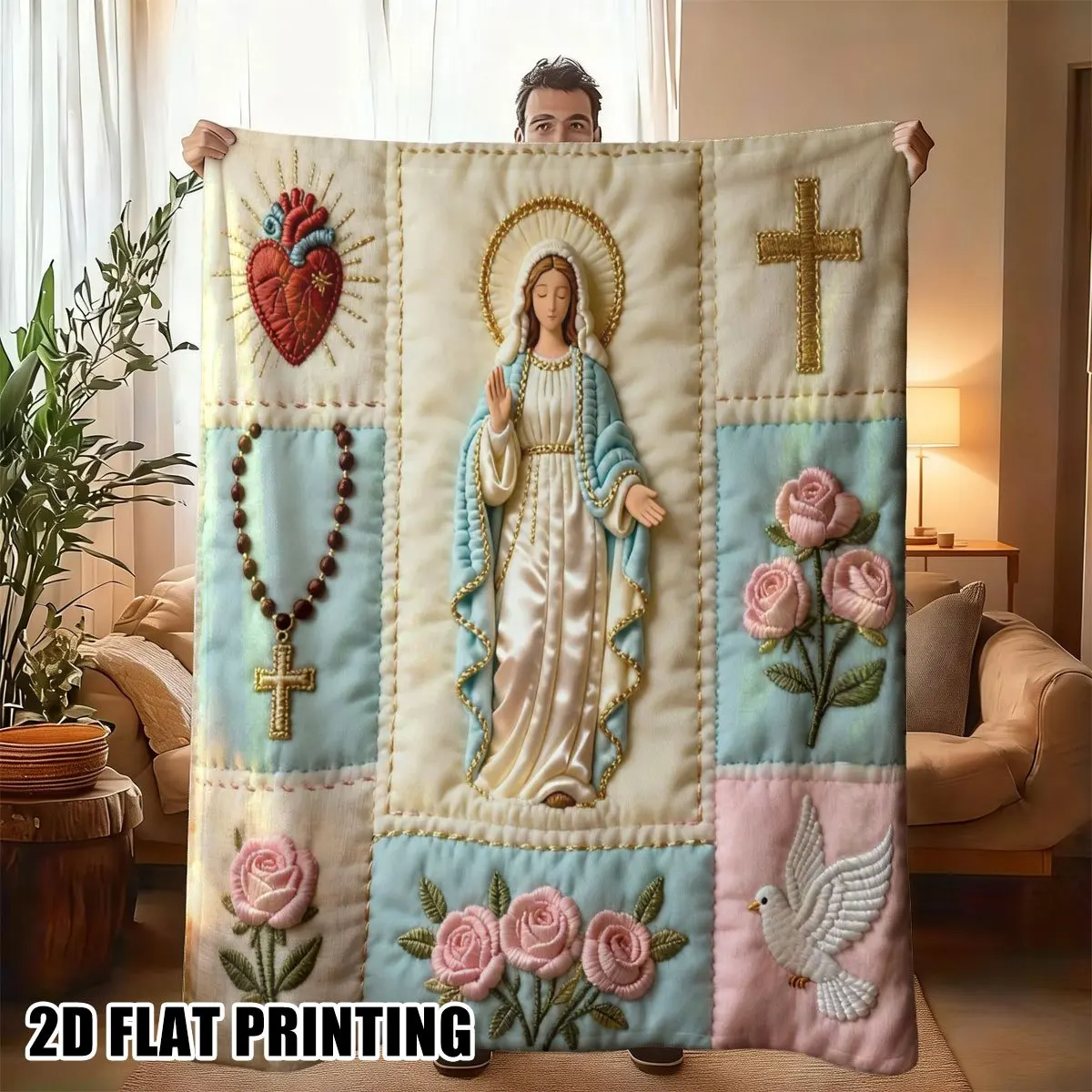 Religious Maria Icon Quilted Flannel Blanket, Soft Warm Season Bedspread, Collegiate Style Dorm Decor Throw, 1pc