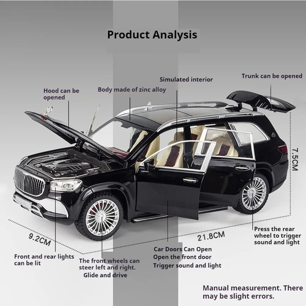 1:24 GLS600 GLS63 Miniature Toys Alloy Diecaat Car Model with Sound Light Pull Back Doors Opened Vehice Kid Fashion Collectibles