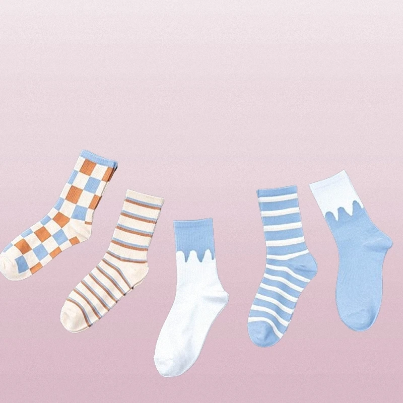 2024 New 5/10 Pairs Blue Plaid Socks Women Autumn And Winter Mid-tube Socks Cream Striped Cotton Socks British Style Socks