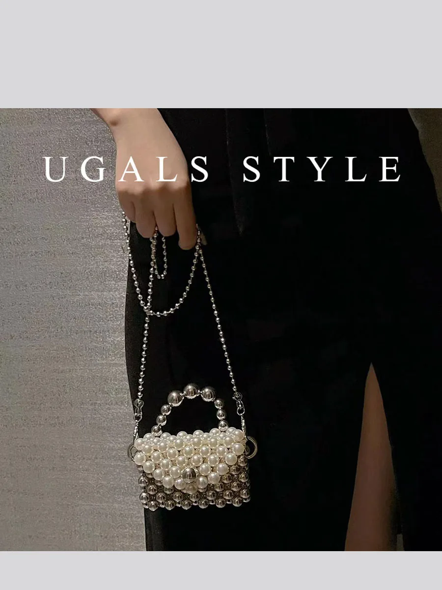 UGALS Retro Handmade Metal Silver  Beaded Pearl Coin Key Lipstick Crossbody Small Bag Sweet College Style Pure Color Shape