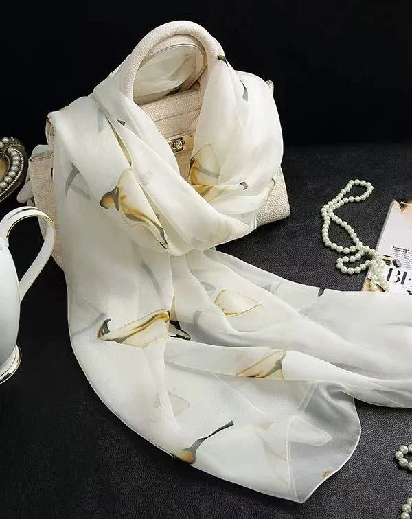 Women Floral Silk Scarf Long Shawl Wrap White Tulip Print Silk Scarves 100% Silk Beach Cover Up Scarf for Wedding Daily Dress