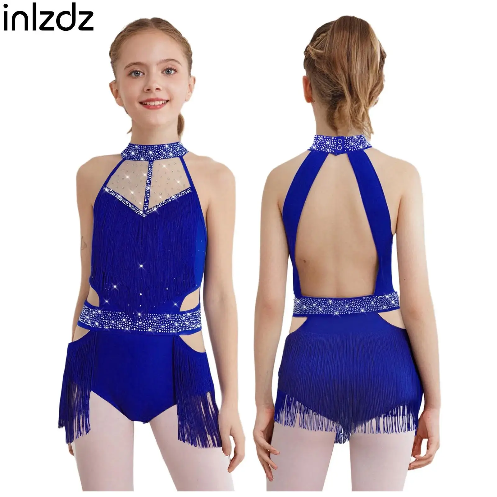 

Kids Girls Tango Latin Cha-cha Dance Costumes Sleeveless Tassels Rhinestones Mesh Bodysuits for Ballet Samba Rumba Skating Dance