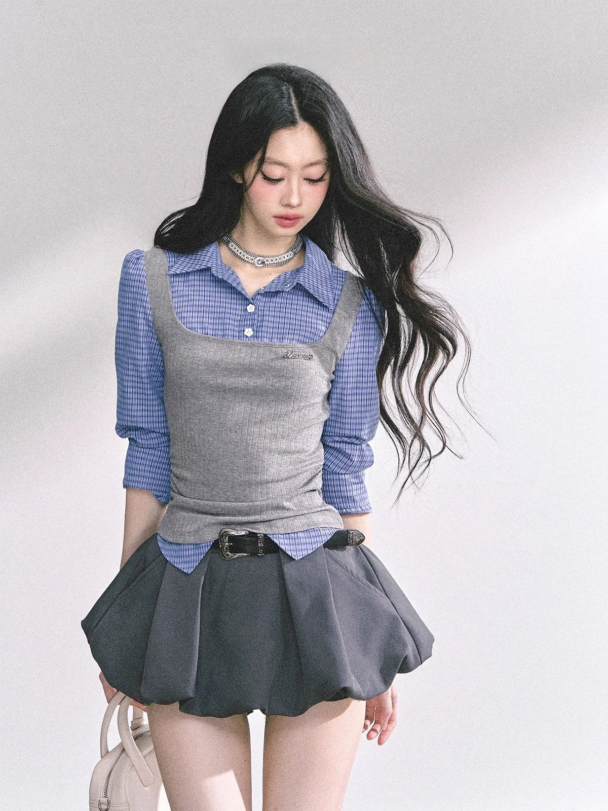 

AOMALM Plaid irt Women's Summer Commute Long Sve Polyester Fiber Absorb Sweat American Sle Spicy Girl Two-Piece Set