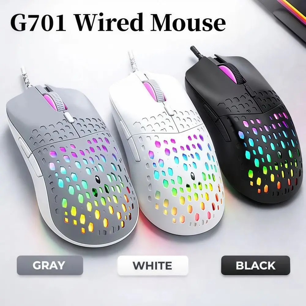 New 6 Keys G701 Wired Mouse Honeycomb Perforated Gaming Mouse Colorful Lighting Lightweight Illuminated Mouse Gaming and Office