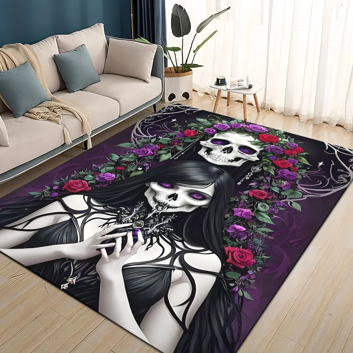 3D Gothic Skull Face Rose Woman Horrible Cartoon Carpet Rug for Living Room Bedroom Home Sofa Decoration,Kids Non-slip Floor Mat