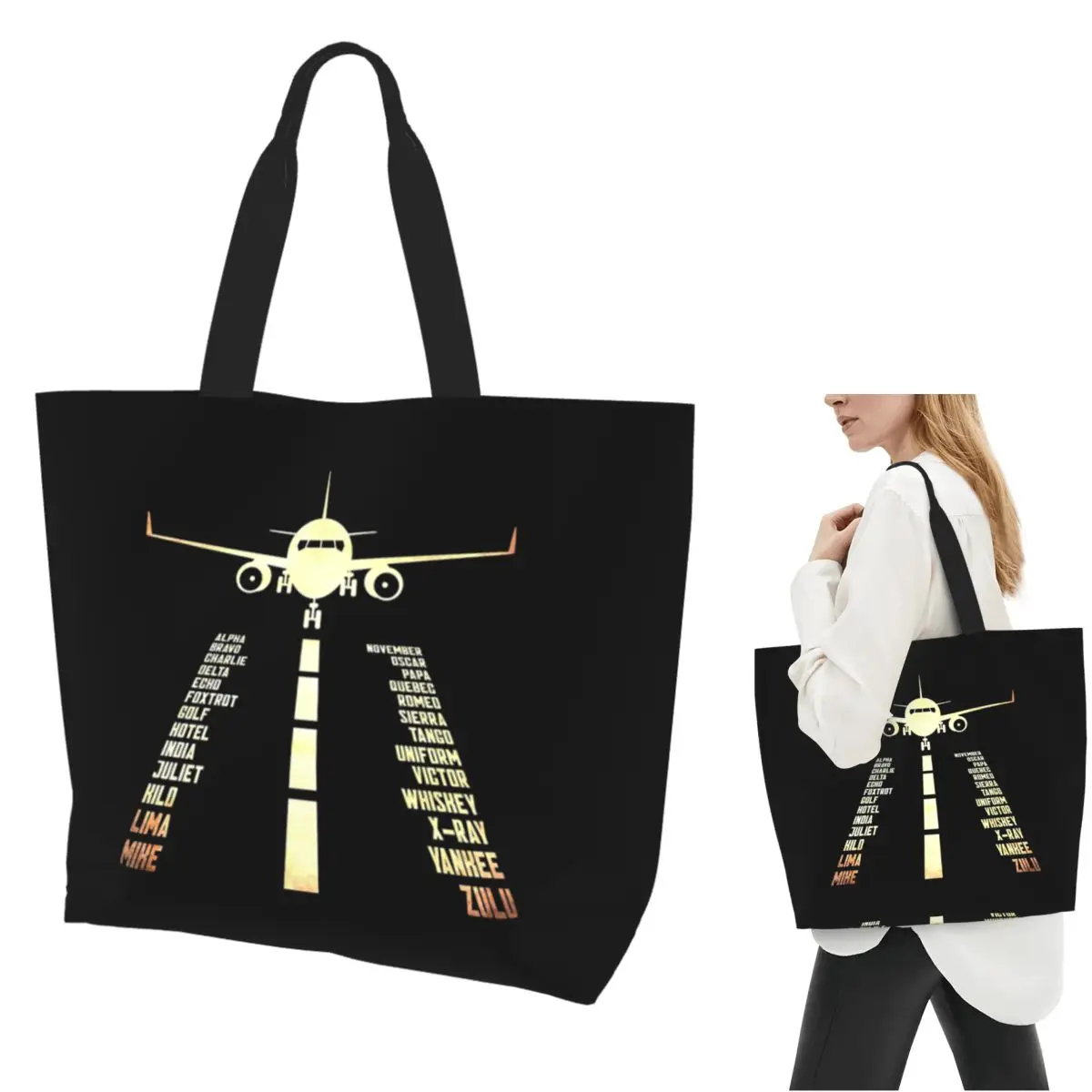Airplane Airstrip Phonetic Alphabet Shopping Tote Bag Canvas Large Capacity Shoulder Bags Shopper Grocery Handbag for Women