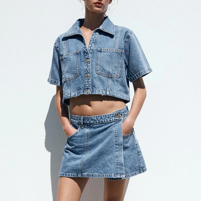Feminino verão 2 peças y2k retro denim outfits conjunto lapela pescoço lapela botão para baixo camisa + assimétrico a linha saias de perna larga