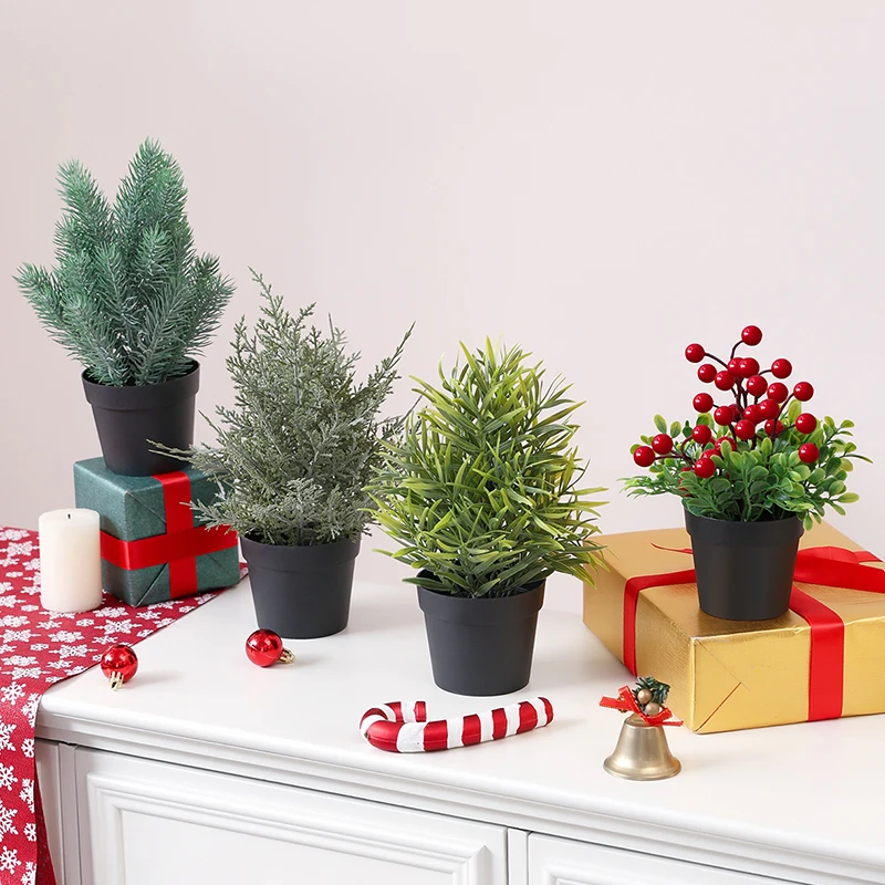 1 STÜCK simulierte rote Weihnachtsfrüchte, Weihnachtsblätter, Topfpflanze mit Kiefernnadeln. Geeignet für Herbst und Winter, Weihnachtsfeier