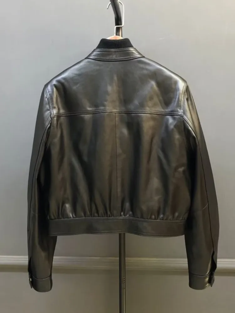 Estilo conciso cor sólida couro genuíno feito à mão jaqueta solta manga longa pele de carneiro zíper bolso feminino casaco de alta qualidade