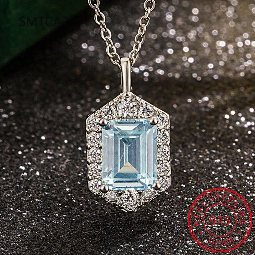 Emerald Cut Natural Sky Blue Topaz 925 Sterling Silver Pendant Necklace for Women Fine Jewelry Gemstone Choker