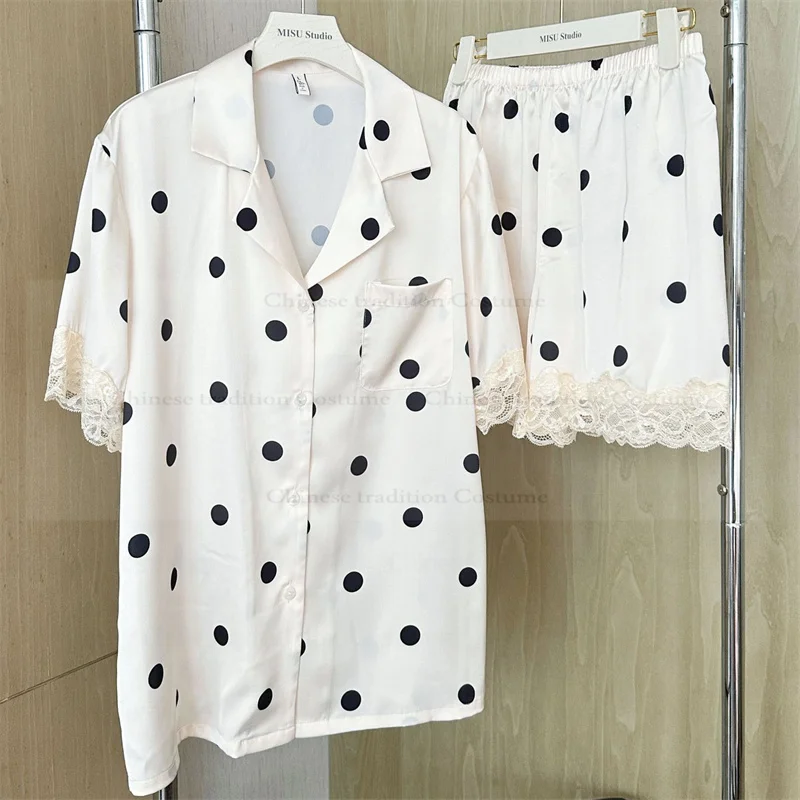 Luksusowy zestaw piżam w kropki, 3-częściowy, seksowna bielizna nocna z koronkowym wykończeniem, damska odzież domowa z krótkim rękawem z rayonu.