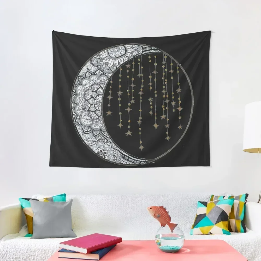 Star Strung Moon: glimmer (black backround) Tapestry Hanging Wall Decoration Room Tapestry