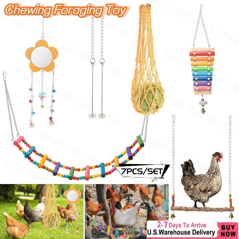 

Куриные игрушки для курятника, 7 шт., ксилофон, набор качелей, зеркальная игрушка, гибкая лестница, сумка для овощей и подвесная кормушка, обучающие игрушки