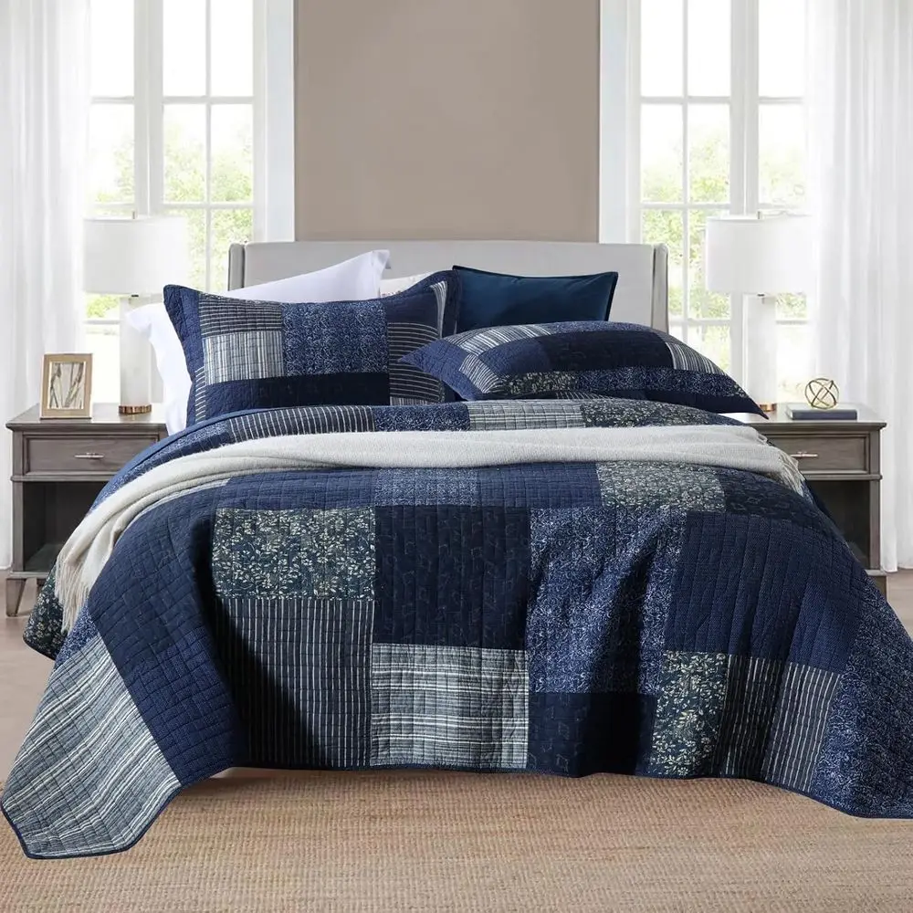 

King Size Reversible Lightweight Cotton Plaid & Floral 3-Piece Quilt Set with Pillow Shams, Azure Blue, 98x106