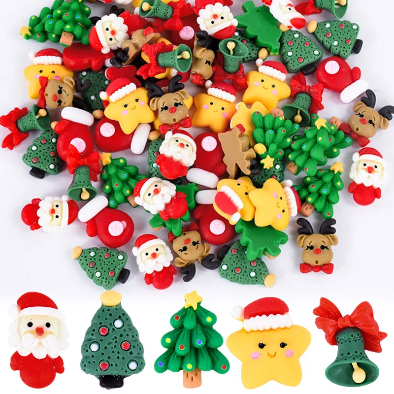 20Pcs Christmas Series Resin Figurine Mini Santa Trees Elk Bells Flatback Cabochon Ornament Xmas New Year Gift DIY Jewelry Craft