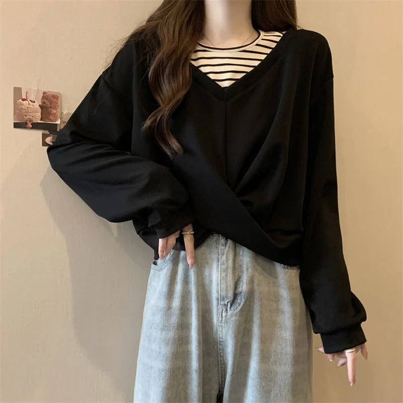 Felpa patchwork irregolare in due pezzi finta Felpa ampia da donna taglie forti Top dimagrante stile corto