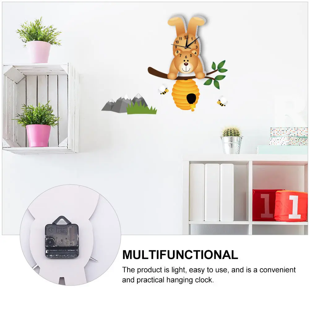 

1Pcs Bear Wall Clock 3D Cute Cartoon Animal Design Hanging Clock for Kids Room Living Room Decorative Wall Decor Simple