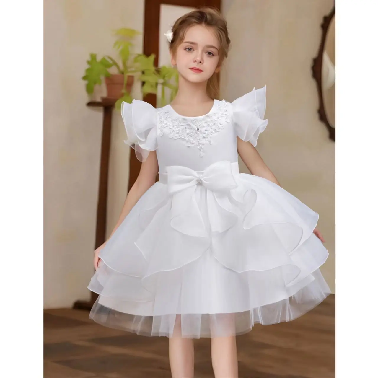 red  Embroidery Christmas Princess Dress Elegant Little Flying Sleeve Bow Wedding Birthday Formal Party  2-8 year old flower gir