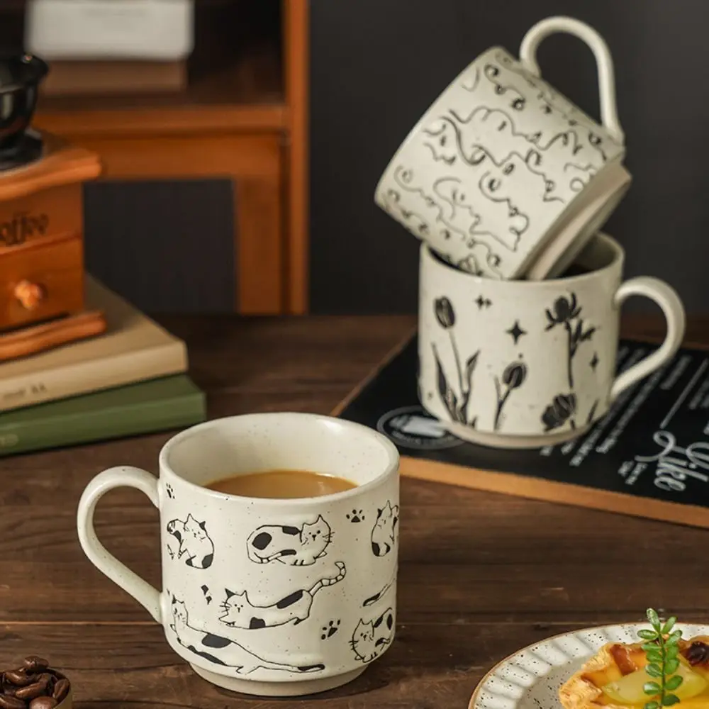 Hand-painted Ceramic Coffee Mug High Temperature Resistant Expression/Flower/Kitten Pattern Retro Tea Cup Anti-scald Handle