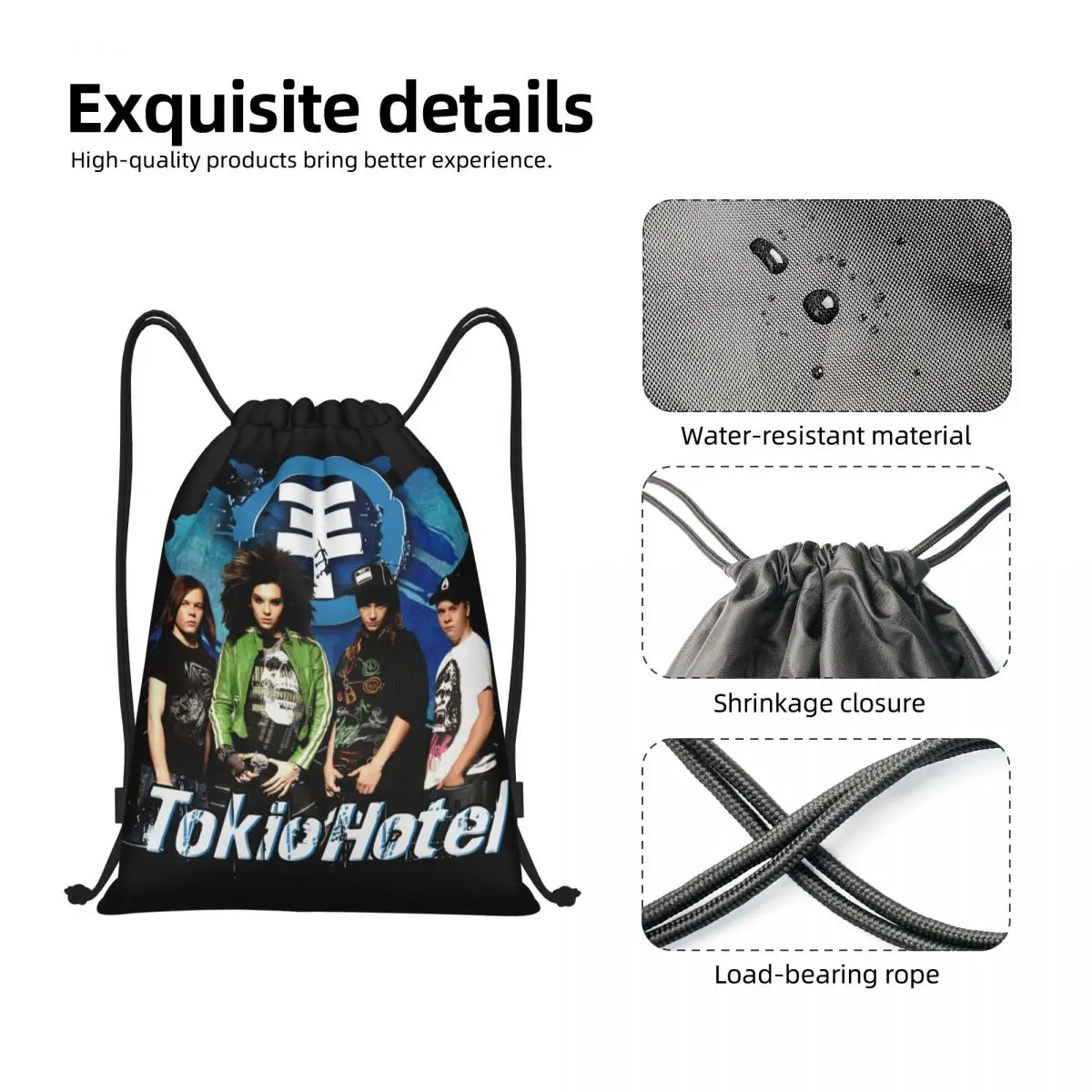 Mochila de cordão personalizada para esportes de ginástica, sacos leves para viajar, Pop Rock Band Tokio Hotel, homens e mulheres