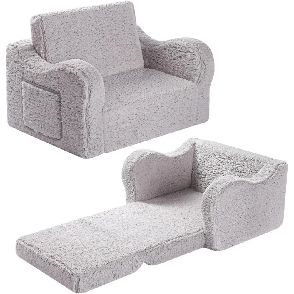 

Kids Chairs for Toddler, 2-in-1 Toddler Soft Sherpa Couch Fold Out, Convertible Sofa to Lounger for Girls and Boys, Grey