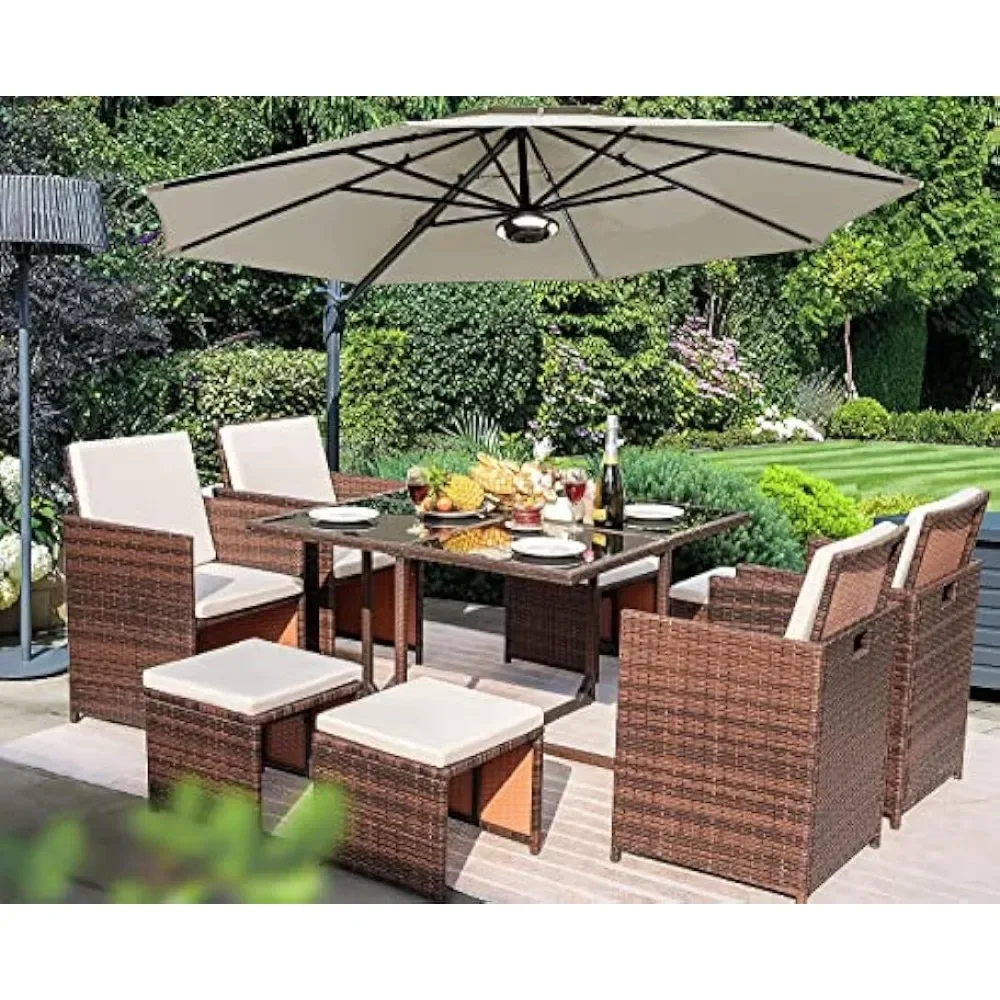 for 9 Pieces Dining Outdoor Furniture Patio Wicker Rattan Chairs and Tempered Glass Table Sectional Conversation Set