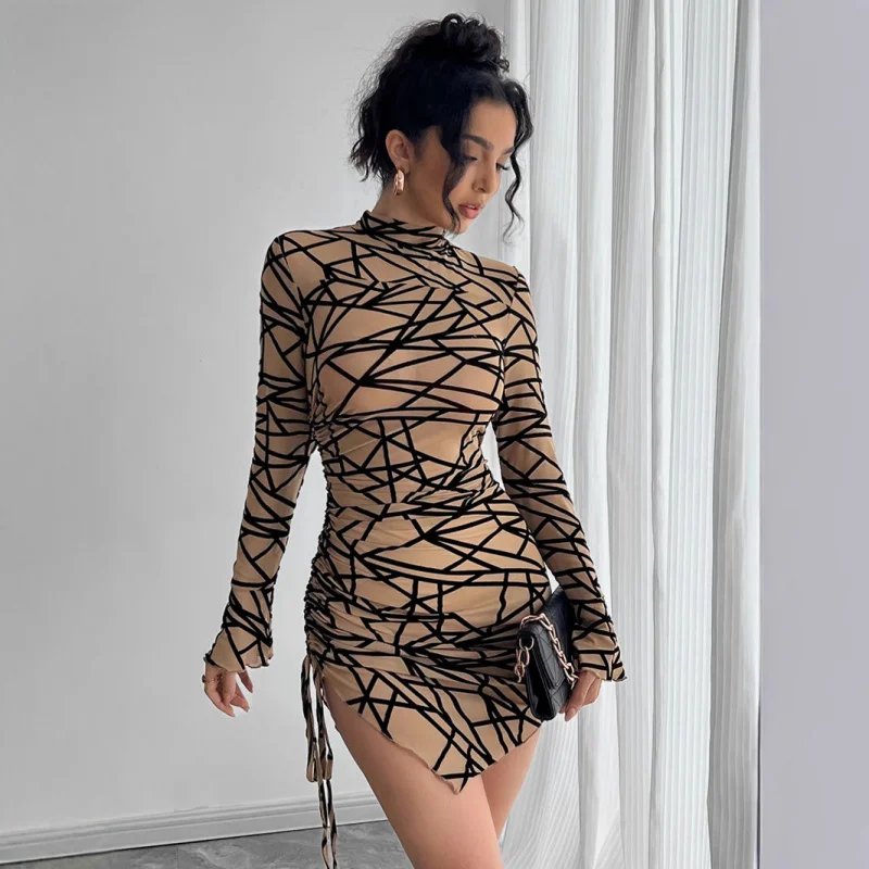 

2025Autumn Winter New Women's Slim Side Drawstring Small Stand Collar Long Sleeve Irregular Short Dress