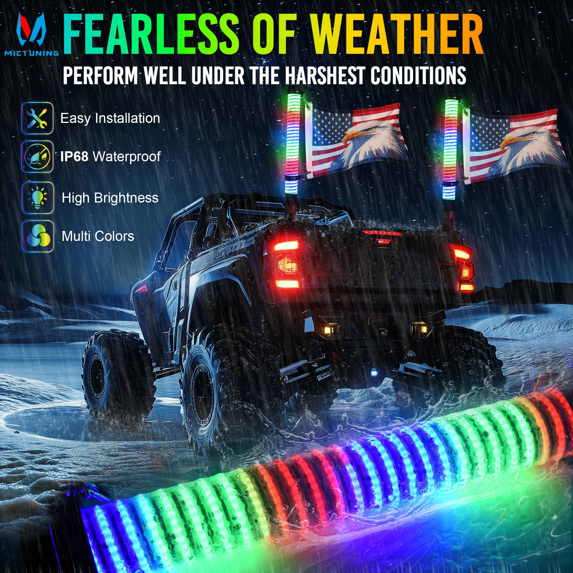 MICTUNING 1FT LED Whip Lights,IP68 Waterproof Remote Control  APP Flagpole Antenna Whips,for UTV, ATV, Off Road, Truck, Sand