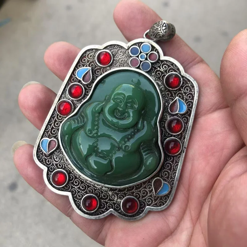 

Разное тибетское серебро Cloisonné, инкрустированный натуральным драгоценным камнем, кулон Будды Майтрейи, подвесной орнамент