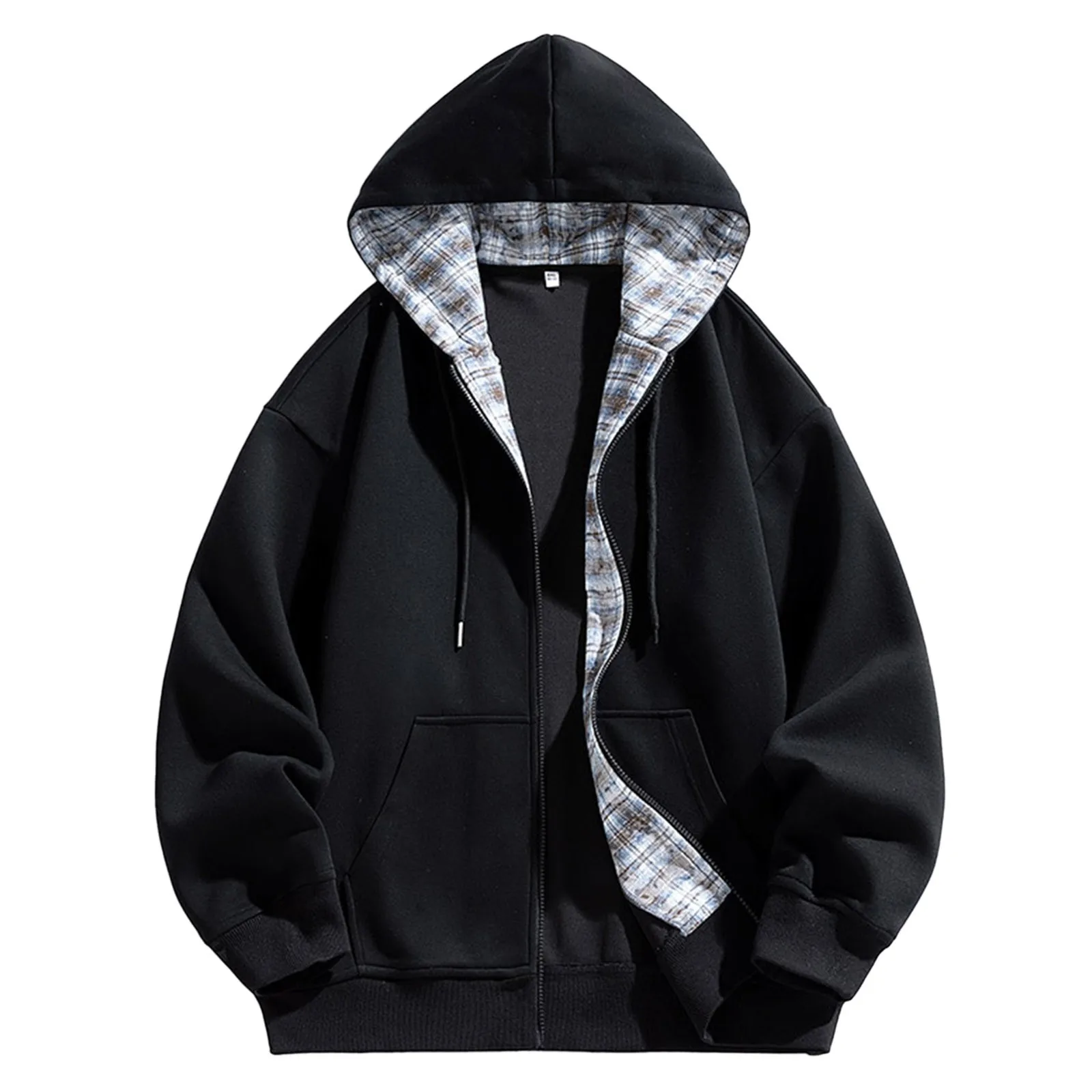 Men's Plaid Color-Matching Hoodie Long-Sleeved Hooded Zip-Up Sweatshirt Fashionable Streetwear Slim-Fit Outerwears Men's Clothes