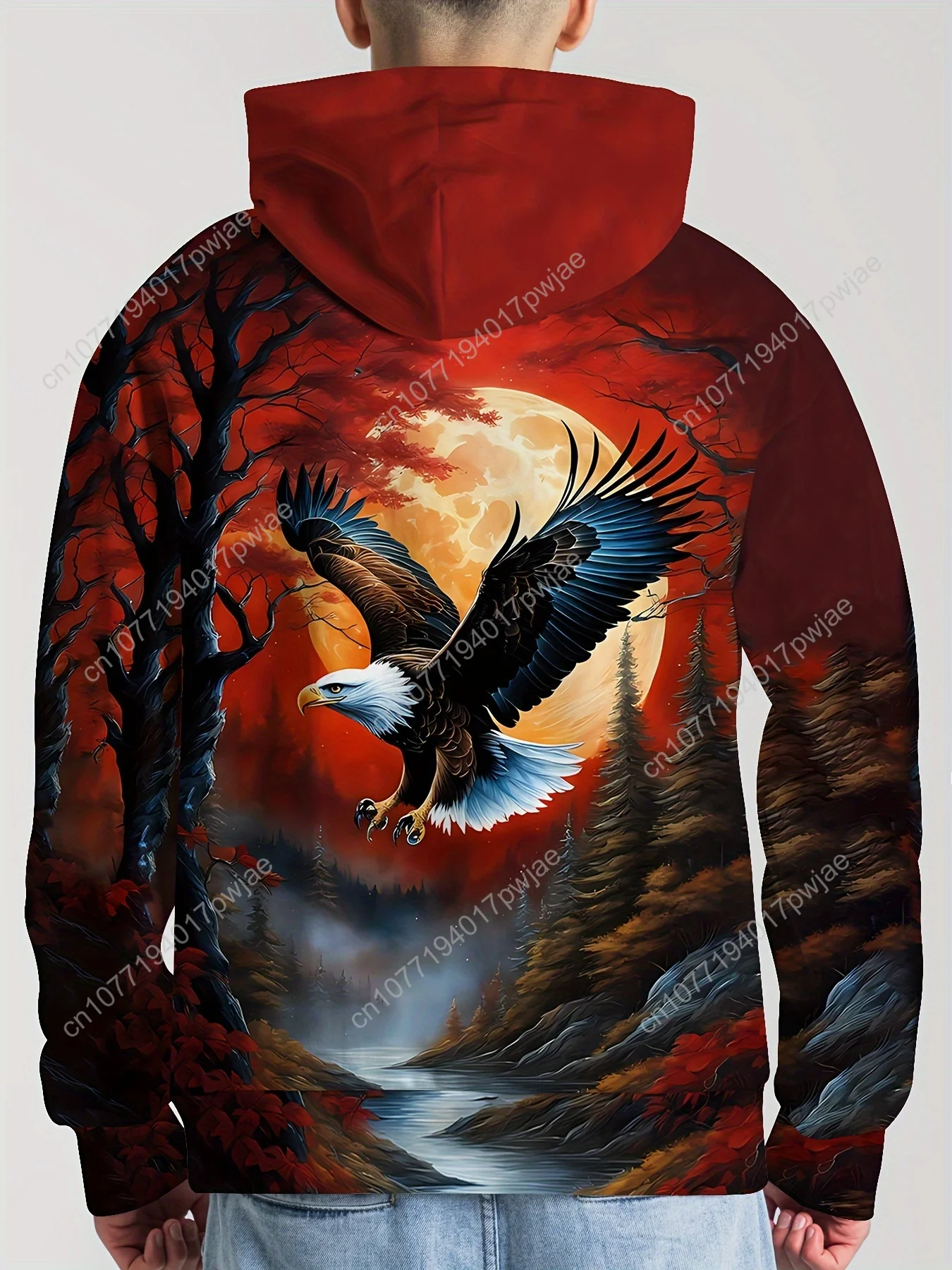 Men's Soaring Eagle & Sun Graphic Hooded Sweatshirt, Casual Trendy Long Sleeve Sports Top As Gift