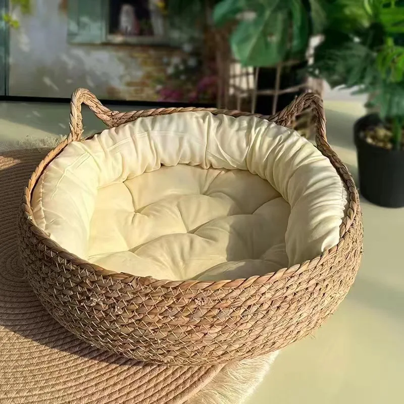 Four Seasons Cat Bed Woven Removable Upholstery Sleeping House Cat Scratch Floor Rattan Washable Cats Pet Products Accessories