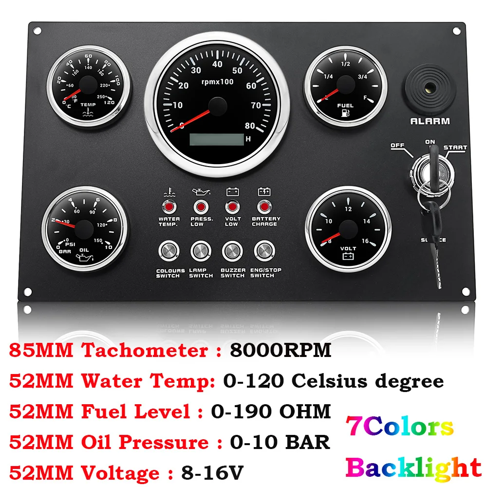 Boot Dashboard 5 Gauge Set Schakelpaneel 85mm Toerenteller 3000 rpm-8000 rpm + 52mm Voltmeter Oliepers Brandstofniveaumeter Aangepast