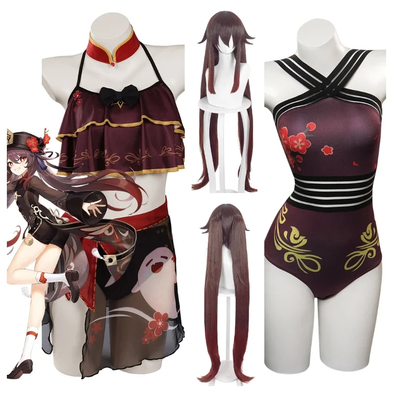 

FC6Hu Tao Cosplay Genshin Impact Disguise Costume Adult Women Fantaisa Jumpsuit Dress Wig Swimmsuit Outfits Halloween Carni@FC8！