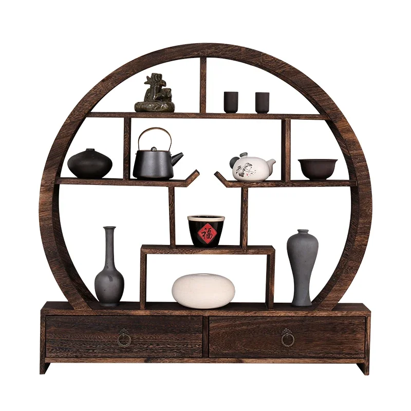 Round Solid Wood Storage Rack with Drawer Traditional Tea Rack Elegant Design Living Room New Chinese Style