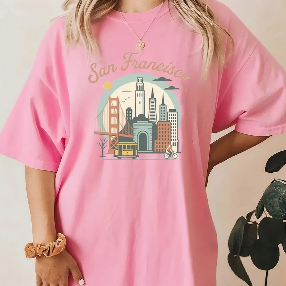 San Francisco Skyline Shirt Vintage Golden Gate Bridge T-Shirt Retro California Travel Graphic Tee Cable Car Cityscape Women Top