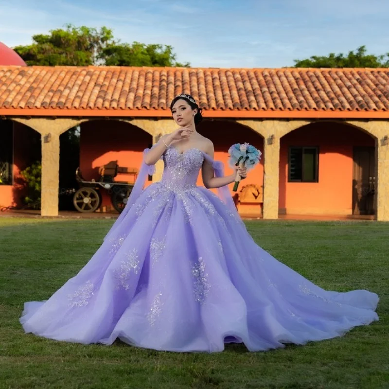 

Customized Lavender Quinceanera Dresses Off the Shoulder sequin applique organza Long tail Vestido 15 Quinceanera